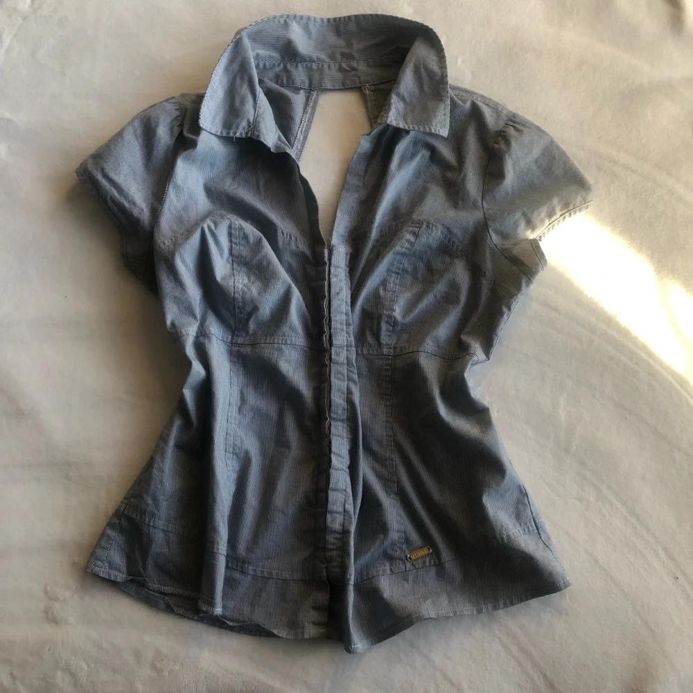Guess Pinstripe Corset Button Up Light Blue - Picture 1 of 5